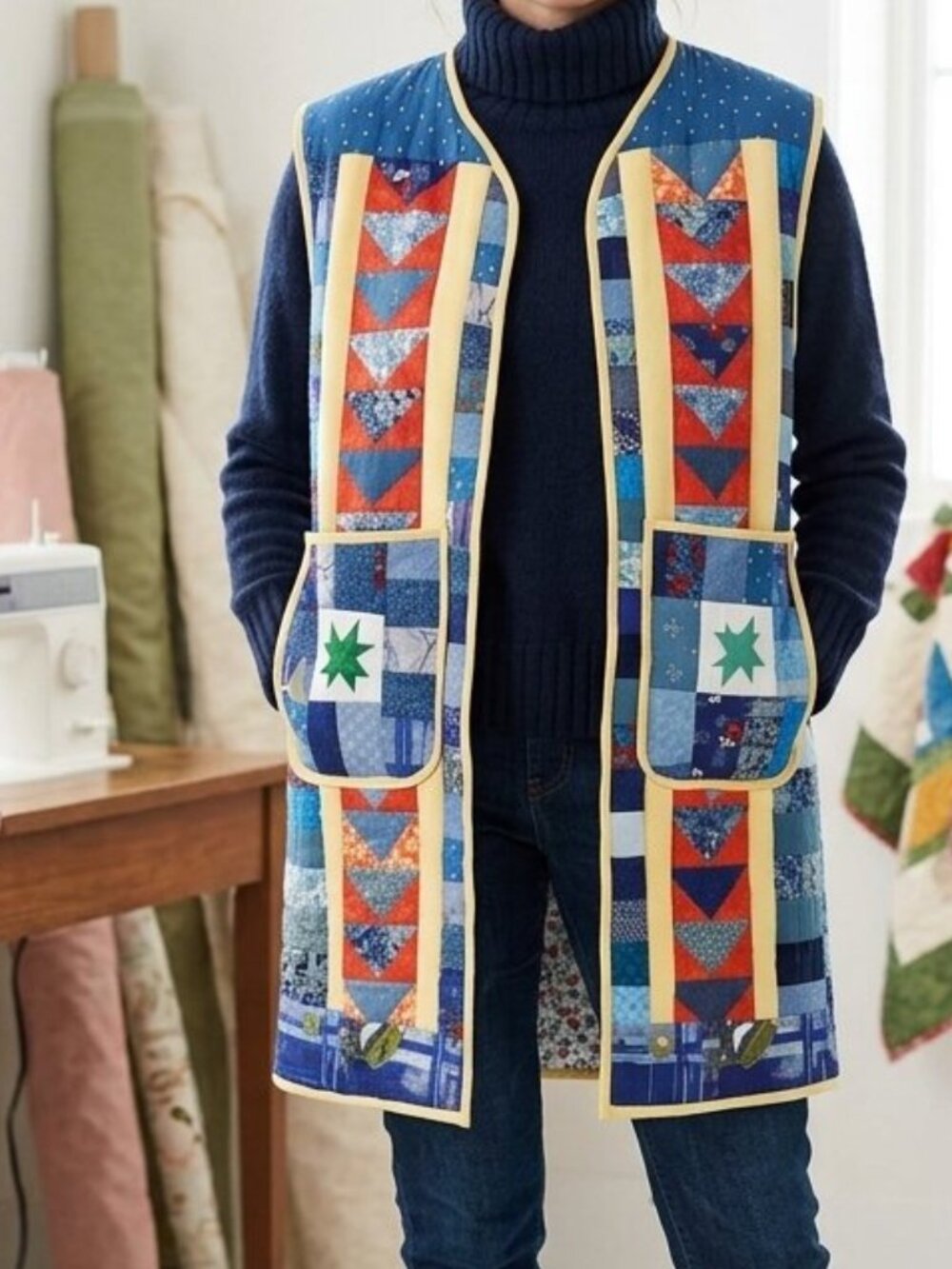 Handmade Colorful Patchwork Long Quilted Vest Jacket Fully Lined Sleeveless